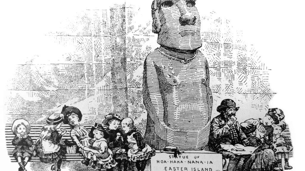 Niños victorianos visitando el moai Hoa Hakananai’a en el Museo Británico durante el siglo XIX.