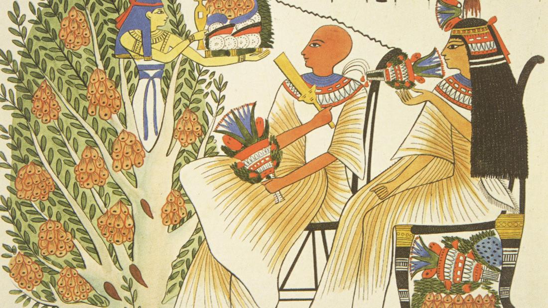 Iconografía de un Matrimonio recibiendo ofrendas de la diosa Hathor apareciendo del interior de un sicomoro (reproducción de Rosellini).